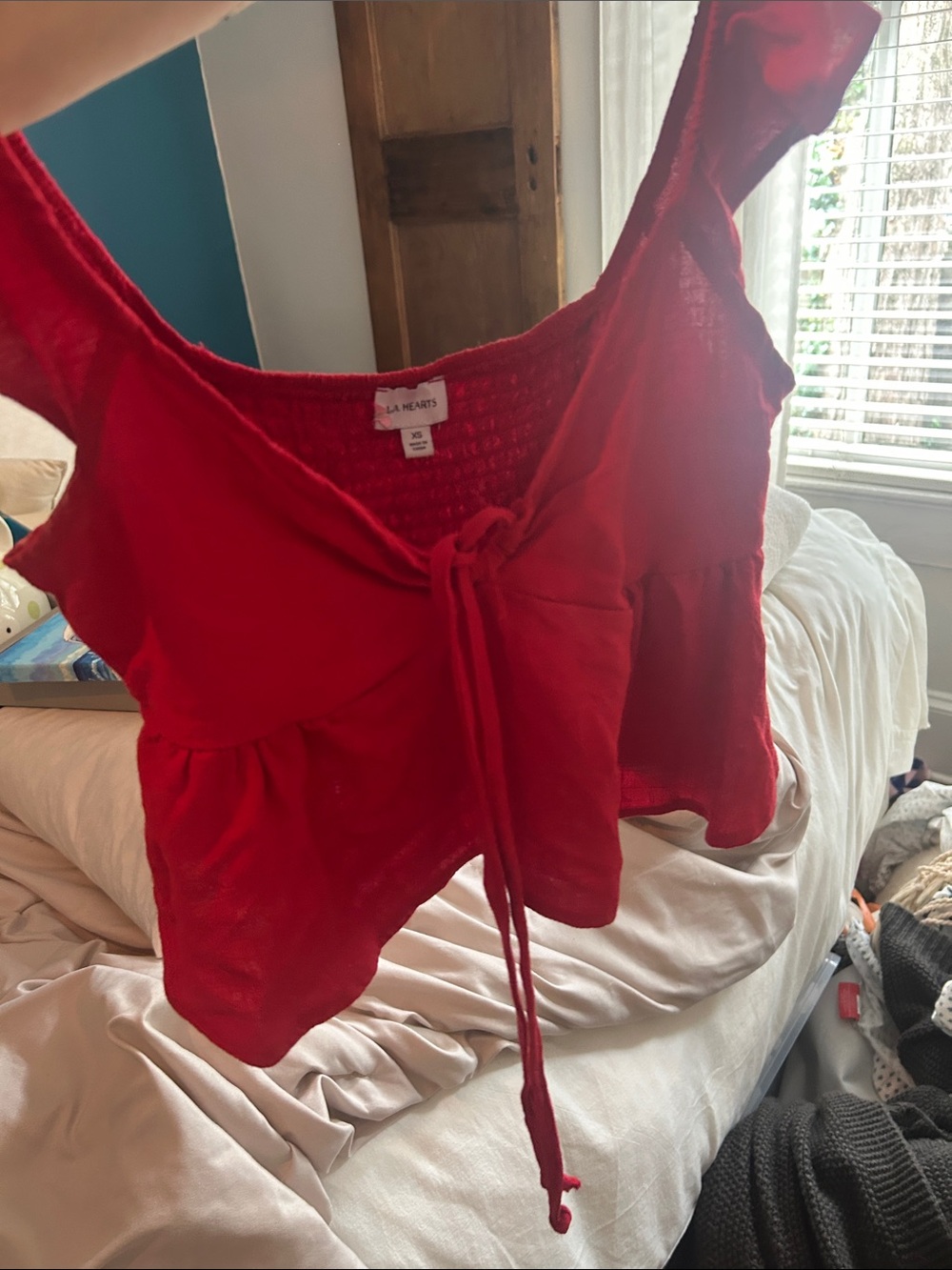 La Hearts Red Tie-Front Cropped Tank